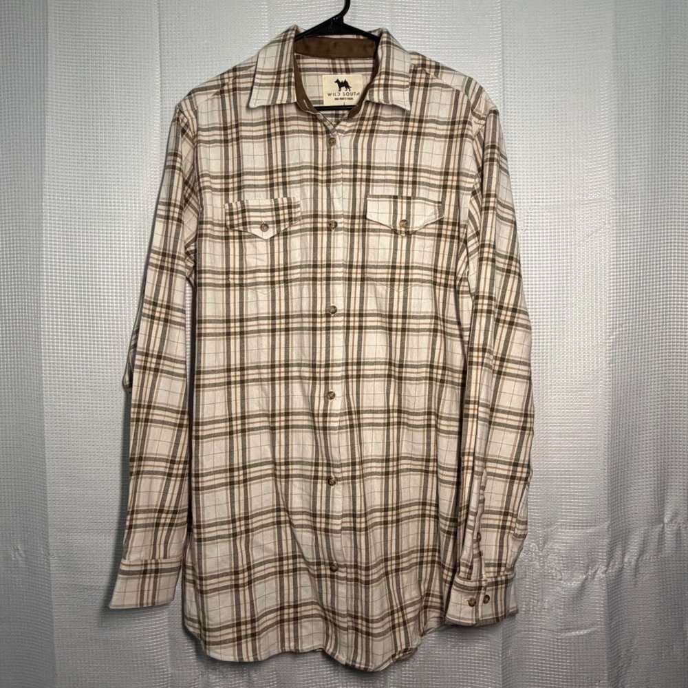Wild South Flannel Button Down Shirt‎ L Cream Brown Plaid Cotton